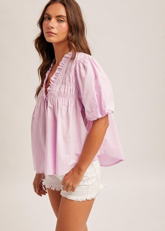 Lilac Pink Cotton Smocked Puff Sleeve Poplin Top - The Nines