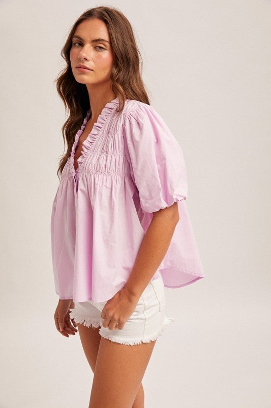 Lilac Pink Cotton Smocked Puff Sleeve Poplin Top - The Nines