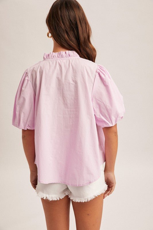 Lilac Pink Cotton Smocked Puff Sleeve Poplin Top - The Nines