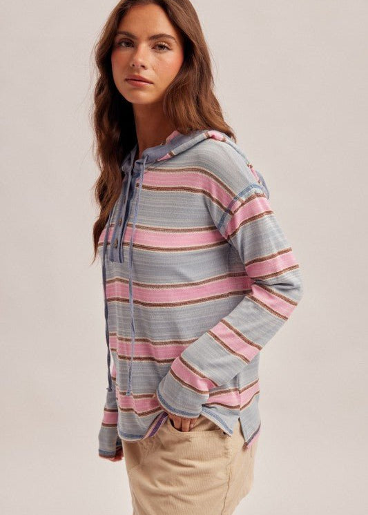 Pink & Aqua Striped Lightweight Hoodie Top - The Nines