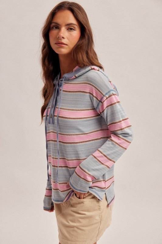 Pink & Aqua Striped Lightweight Hoodie Top - The Nines