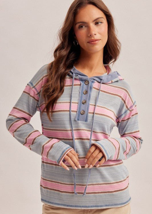 Pink & Aqua Striped Lightweight Hoodie Top - The Nines