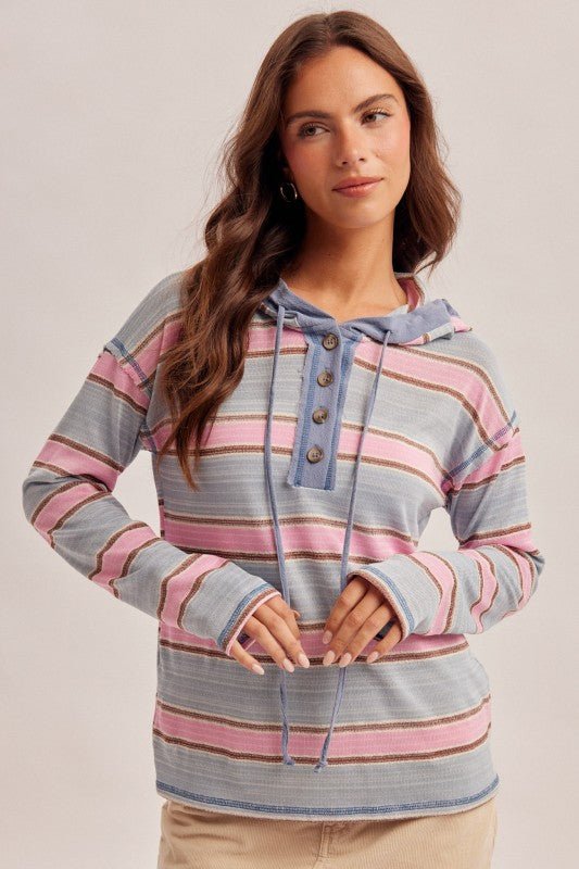 Pink & Aqua Striped Lightweight Hoodie Top - The Nines