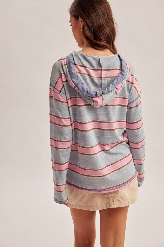 Pink & Aqua Striped Lightweight Hoodie Top - The Nines