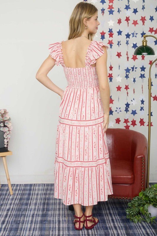 Red Floral Pattern Smocked Dress - The Nines