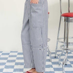 Navy Striped Elastic Waist Mid Rise Wide Leg Pant - The Nines
