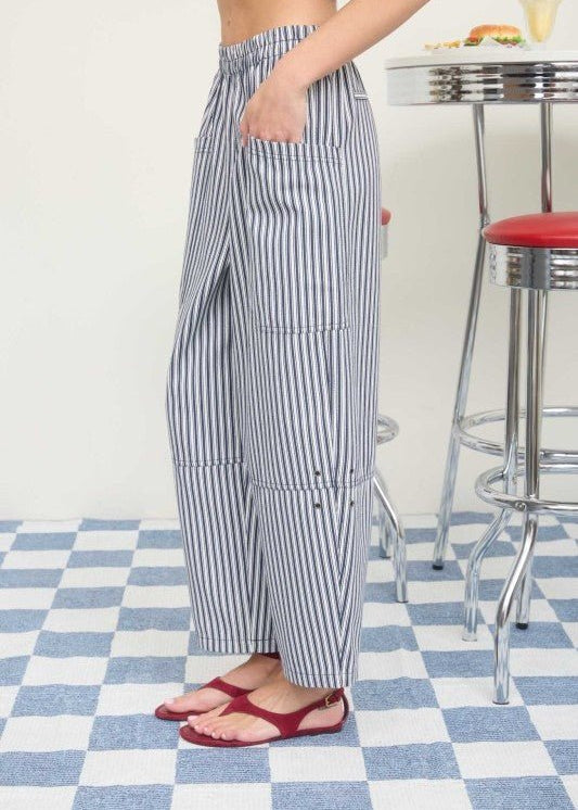 Navy Striped Elastic Waist Mid Rise Wide Leg Pant - The Nines