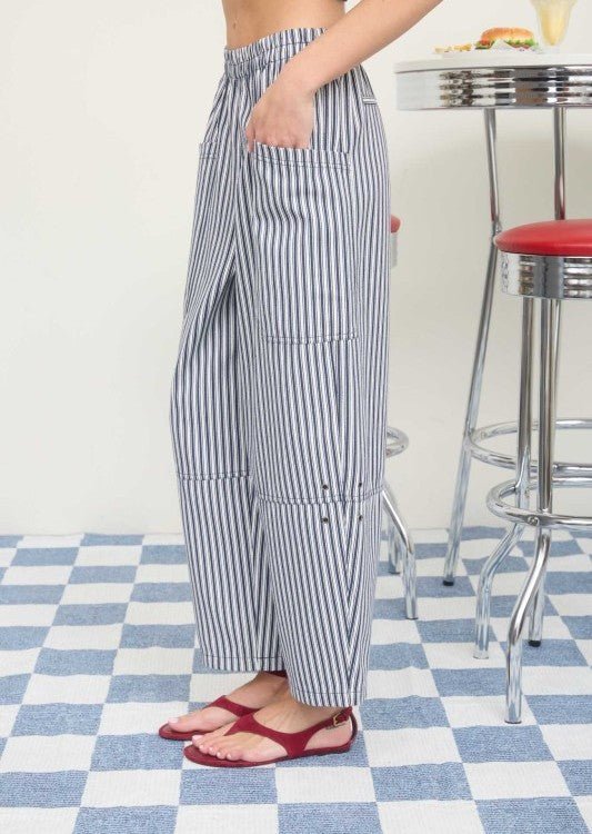 Navy Striped Elastic Waist Mid Rise Wide Leg Pant - The Nines