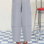 Navy Striped Elastic Waist Mid Rise Wide Leg Pant - The Nines
