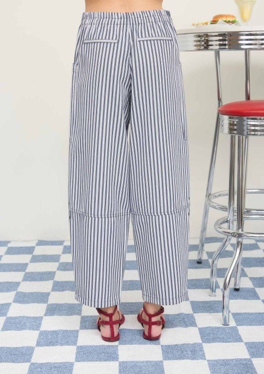 Navy Striped Elastic Waist Mid Rise Wide Leg Pant - The Nines