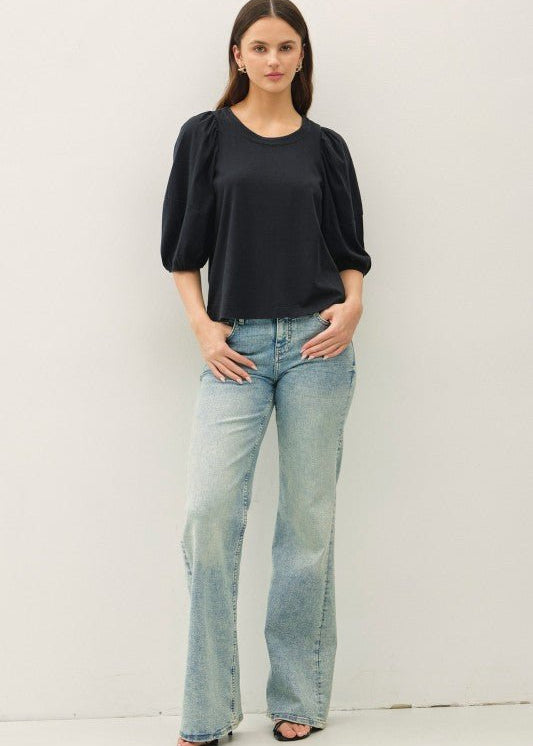 Black Cotton Puff Sleeve Top - The Nines