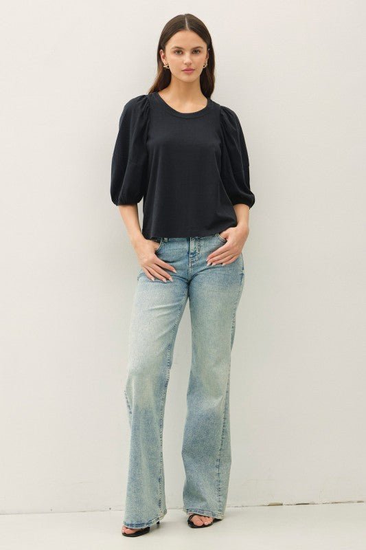 Black Cotton Puff Sleeve Top - The Nines