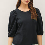 Black Cotton Puff Sleeve Top - The Nines