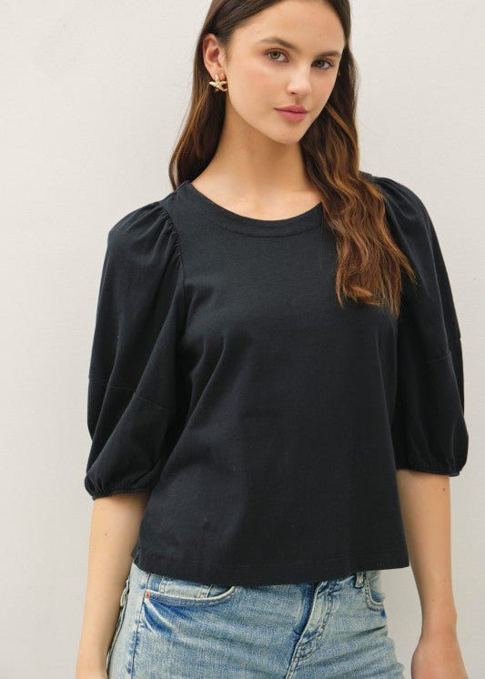 Black Cotton Puff Sleeve Top - The Nines