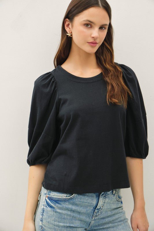 Black Cotton Puff Sleeve Top - The Nines
