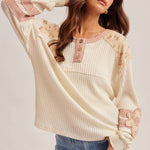 Ivory & Mauve Waffle Floral Henley Top - The Nines