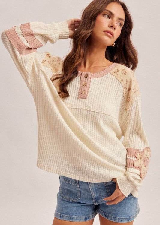 Ivory & Mauve Waffle Floral Henley Top - The Nines