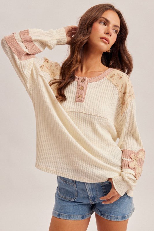 Ivory & Mauve Waffle Floral Henley Top - The Nines