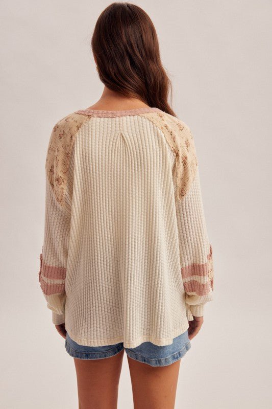 Ivory & Mauve Waffle Floral Henley Top - The Nines