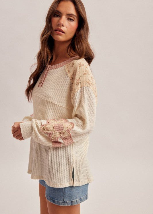 Ivory & Mauve Waffle Floral Henley Top - The Nines
