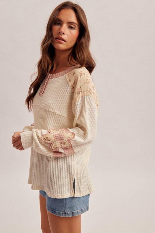 Ivory & Mauve Waffle Floral Henley Top - The Nines