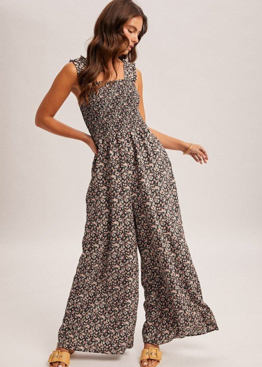 Black Floral Smocked Jumpsuit - The Nines