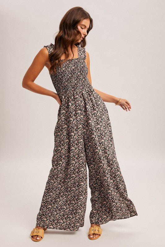 Black Floral Smocked Jumpsuit - The Nines