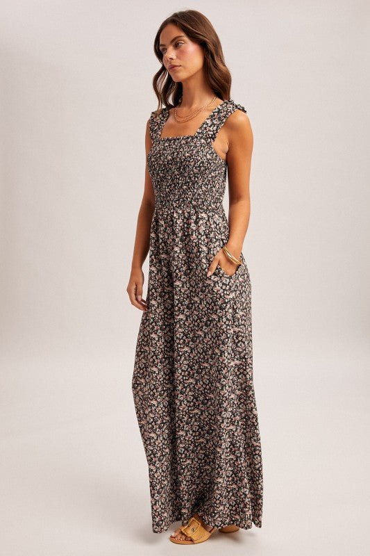 Black Floral Smocked Jumpsuit - The Nines