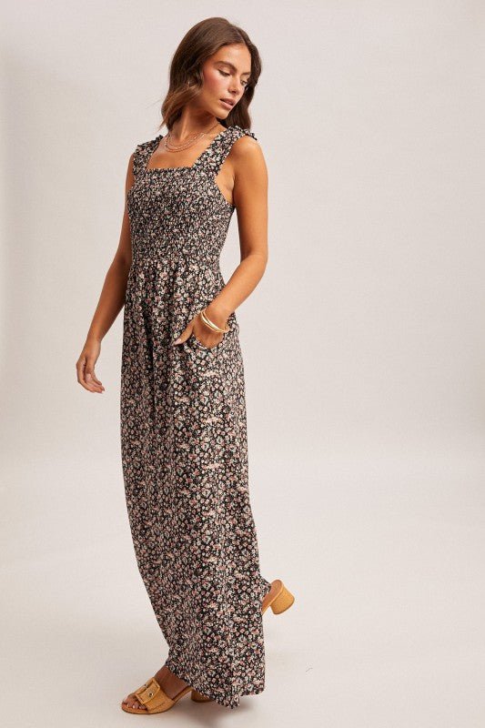 Black Floral Smocked Jumpsuit - The Nines