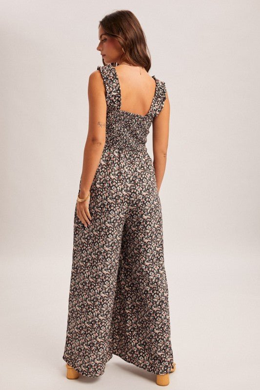 Black Floral Smocked Jumpsuit - The Nines