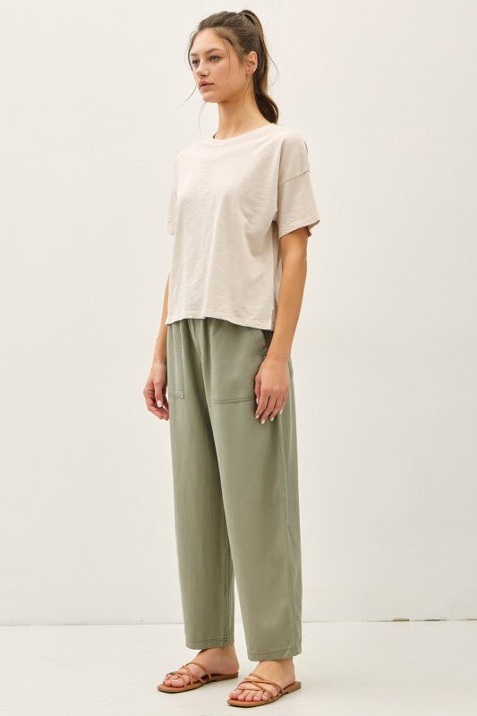 Olive Tencel Tapered Barrel Pant - The Nines