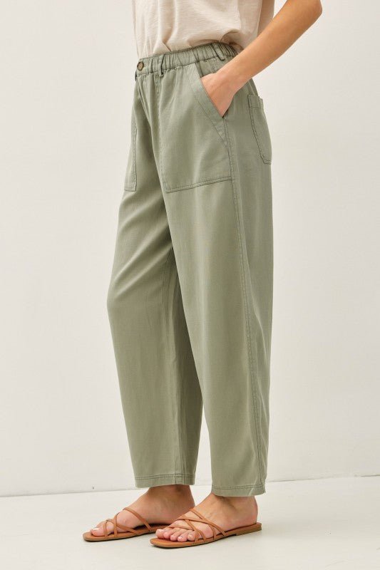 Olive Tencel Tapered Barrel Pant - The Nines