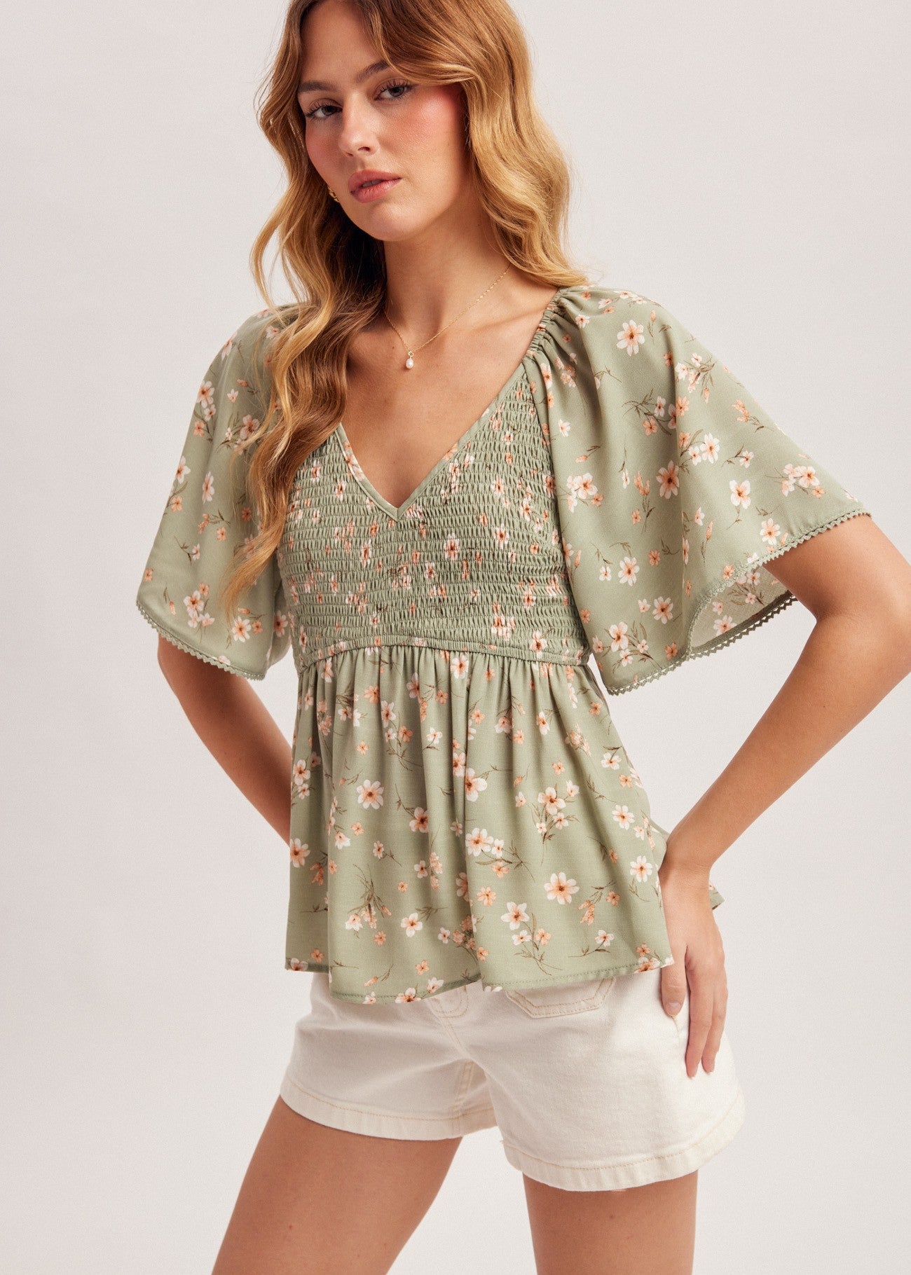 Sage Floral Smocked Top