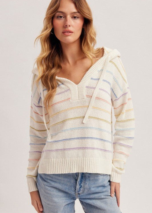 White Multicolor Striped Hoodie - The Nines