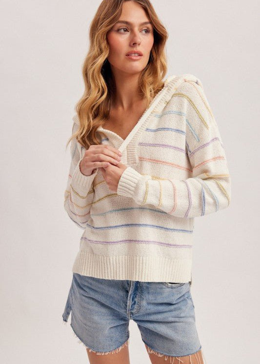 White Multicolor Striped Hoodie - The Nines
