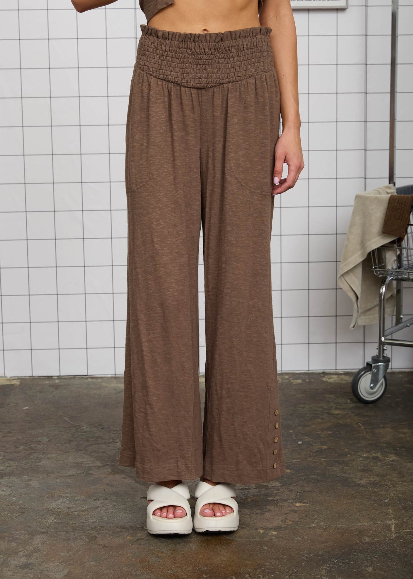 Smocked Waist Brown Pants - The Nines