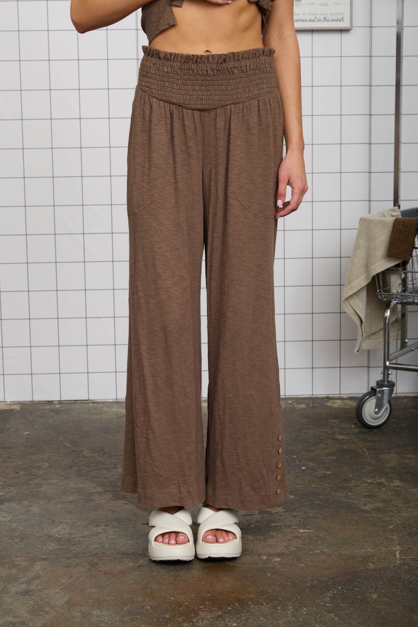 Smocked Waist Brown Pants - The Nines