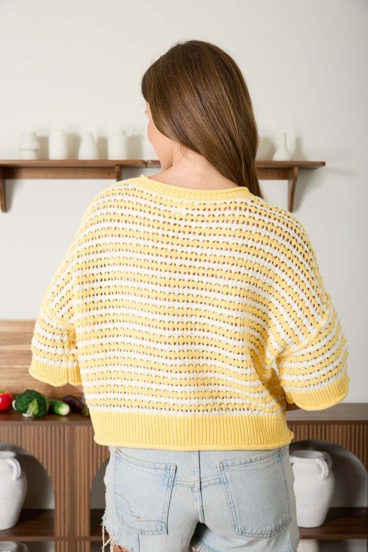 Yellow Striped Button Short Sleeve Top - The Nines