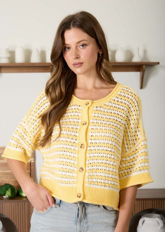 Yellow Striped Button Short Sleeve Top - The Nines