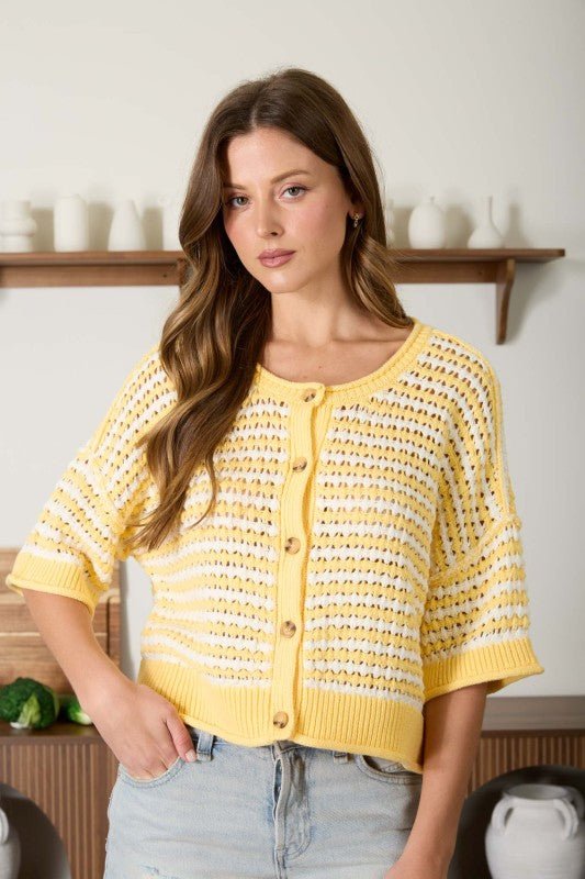 Yellow Striped Button Short Sleeve Top - The Nines