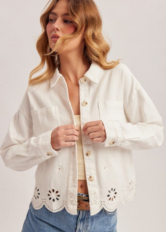 White Embroidered Scalloped Hem Jacket - The Nines