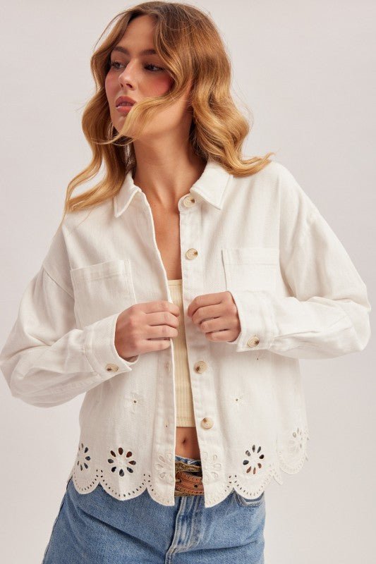 White Embroidered Scalloped Hem Jacket - The Nines
