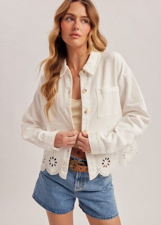 White Embroidered Scalloped Hem Jacket - The Nines