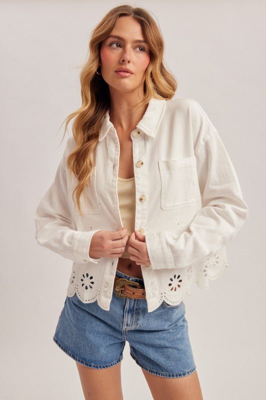 White Embroidered Scalloped Hem Jacket - The Nines