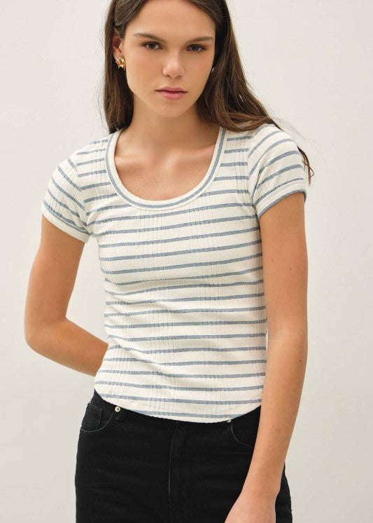 Blue Striped Ribbed Short Sleeve - The Nines