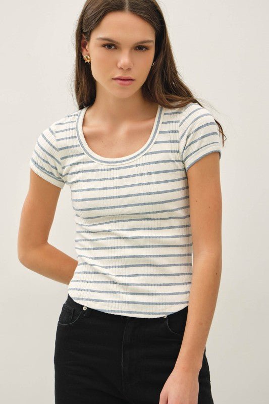 Blue Striped Ribbed Short Sleeve - The Nines
