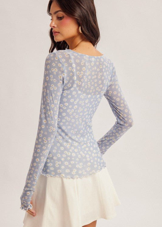 Blue Daisy Mesh Thumbhole Top - The Nines