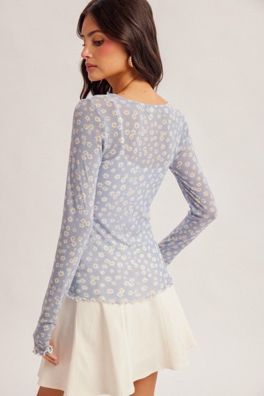 Blue Daisy Mesh Thumbhole Top - The Nines