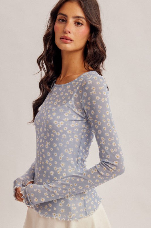Blue Daisy Mesh Thumbhole Top - The Nines