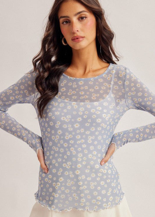 Blue Daisy Mesh Thumbhole Top - The Nines